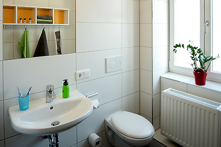 Badezimmer mit Waschbecken, Toilette und Fenster mit Pflanze.