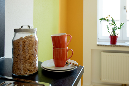 Glas mit Müsli und zwei gestapelte Tassen auf Teller in heller Küchenzeile mit Pflanze am Fenster.