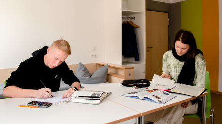 Junger Mann und junge Frau lernen gemeinsam an einem Tisch mit Büchern und Notizen.